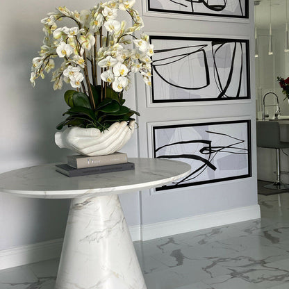 White Phalaenopsis Orchids in Vase with Sculpture "Open Hands"