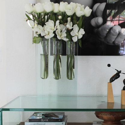 Triple vase with white tulips