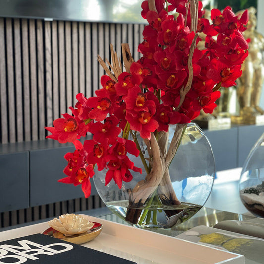Red Cymbidium Orchids in Moon Planter