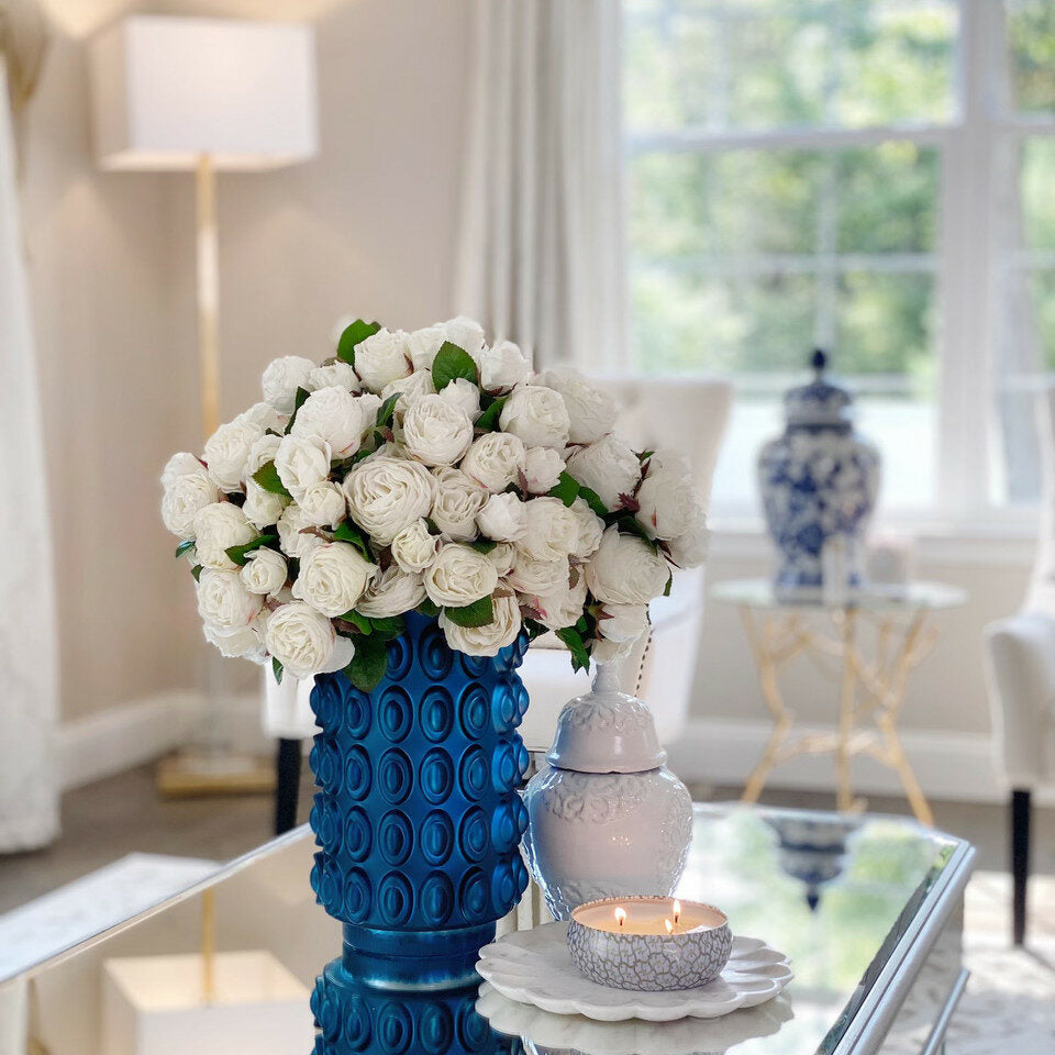 White English Roses in Blue Textured Vase